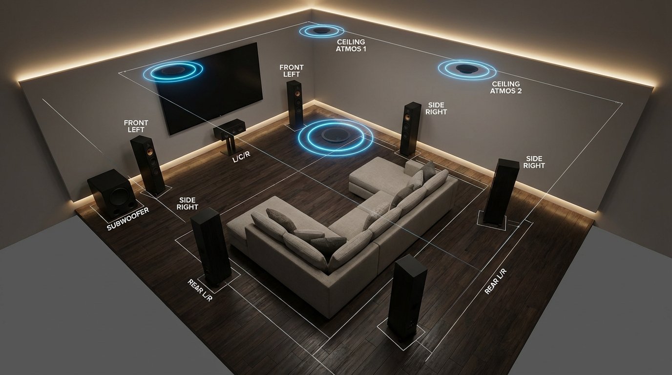 Dolby Atmos 7.1.4 Lautsprecher-Konfiguration im Heimkino