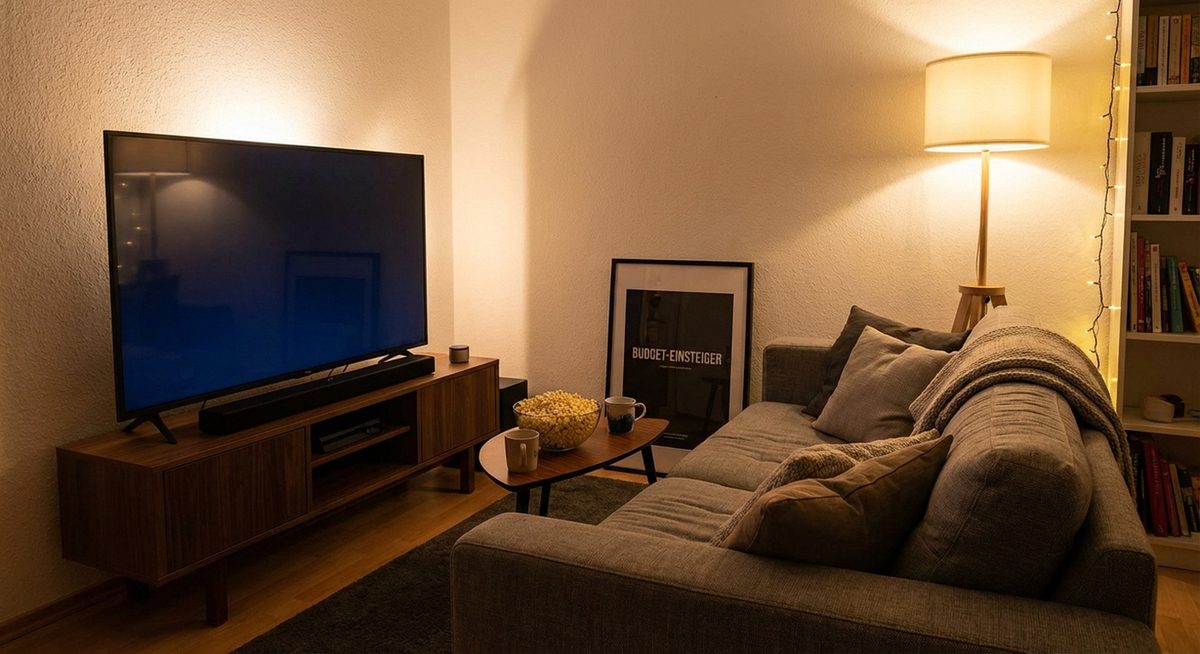 Günstiges Heimkino-Setup unter 500 Euro im gemütlichen Wohnzimmer